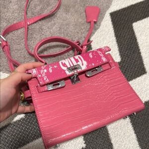 Pink Mini Bag with Textured Leather and Silver Hardware